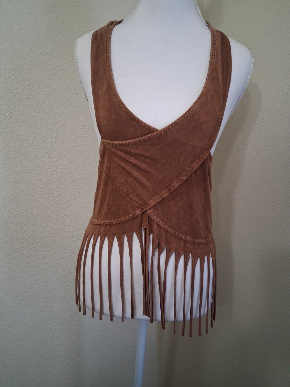 VTG Blue Buttercup Fringed Cross Halter Crop Top Open Tie Back Camel Sun Washed